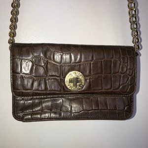 Isaac Mizrahi Designer Brown Croc Embossed Crossbody Bag Chain Strap